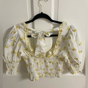 Forever 21 sunflower puff sleeve crop top with tie back size small
